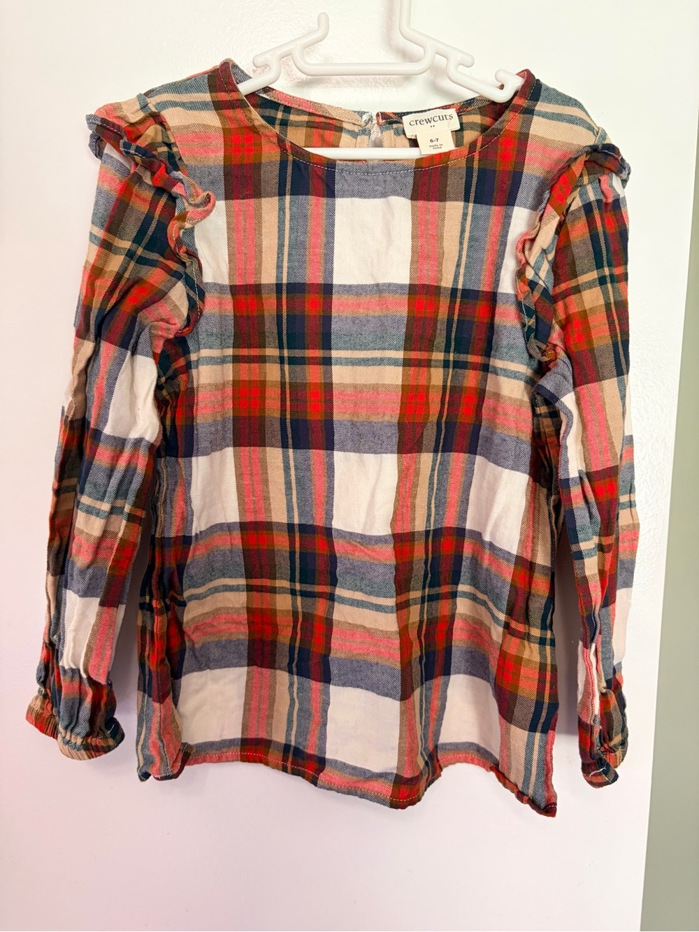 Crewcuts Plaid Ruffle Shoulder Long-Sleeve Top in Red Navy Cream